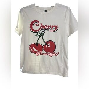 SHEIN White Tee with Red Cherry Graphic